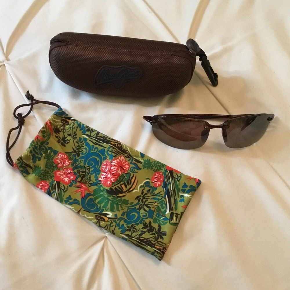 Maui Jim Brown Semi-Rimless Polarized Sunglasses with Floral Pouch
